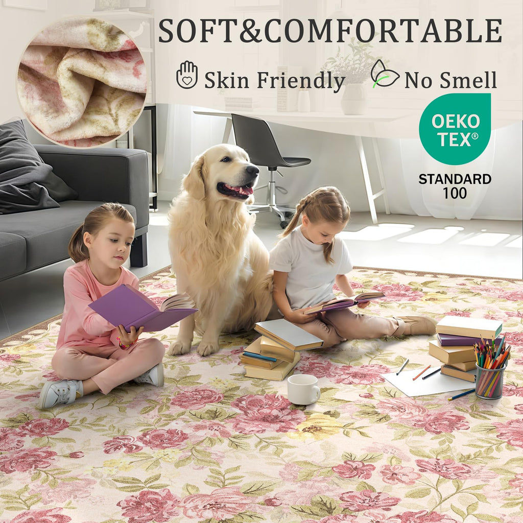 Washable 2x8 Runner Rug, Cream Boho Floral Non-Slip