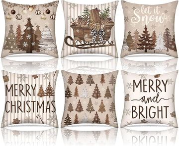 Set Neutral Christmas Pillow Cover 18 x 18 Brown Pillow Case - Set of 6
