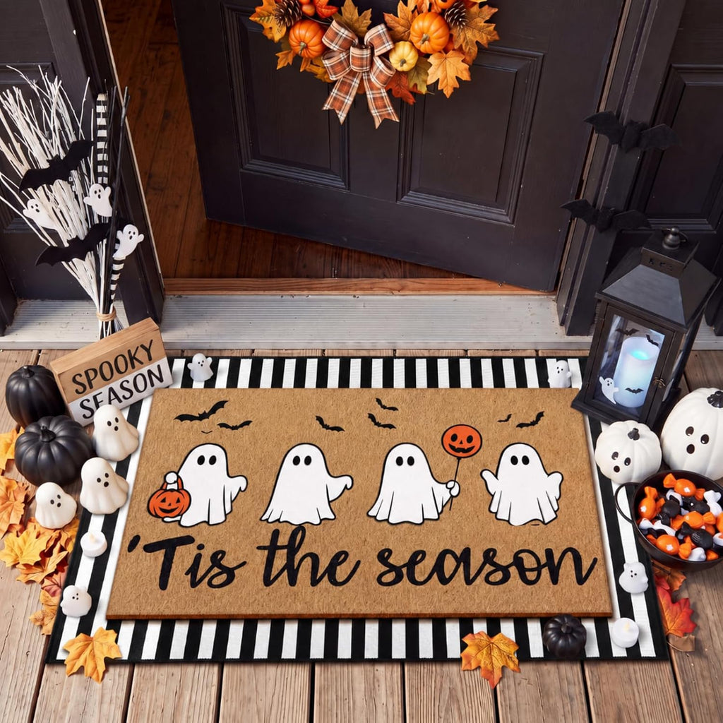 2 Pcs Halloween Layered Doormat Set for Front Porch, Cute Ghost | Tis the Season Ghost Pumpkin Mat with Black White