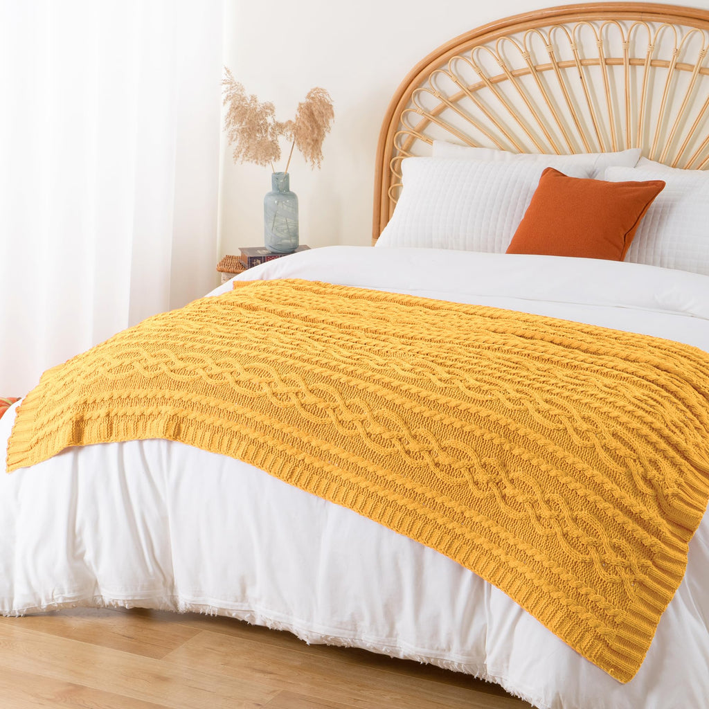 Mustard Yellow Throw Blanket 51"x67" Chenille Knitted Throw Blanket for Couch, Gold Throw Blankets Decor, Summer Fall