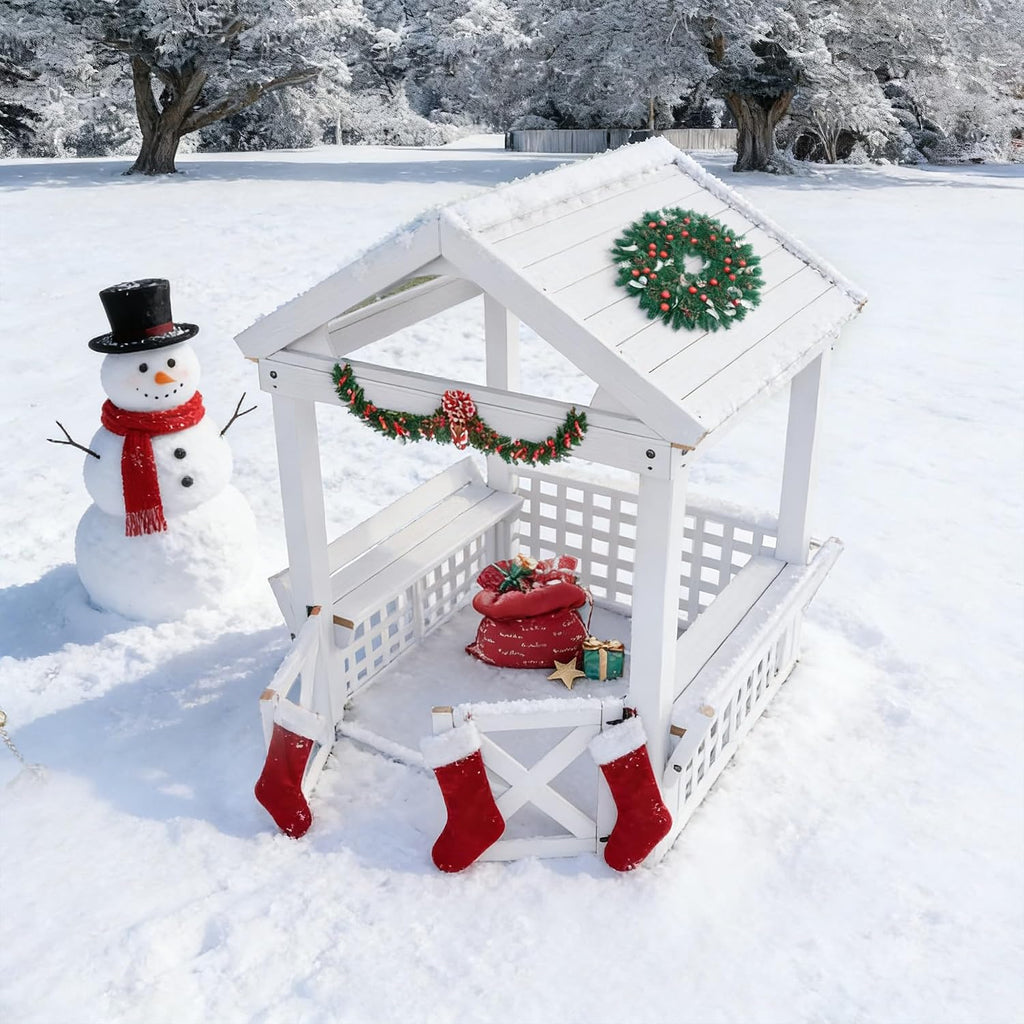 Large Outdoor Wooden Playhouse for Kids Ages 2-8 Waterproof White Playhouse with Built-in Bench & Door 52" x44"