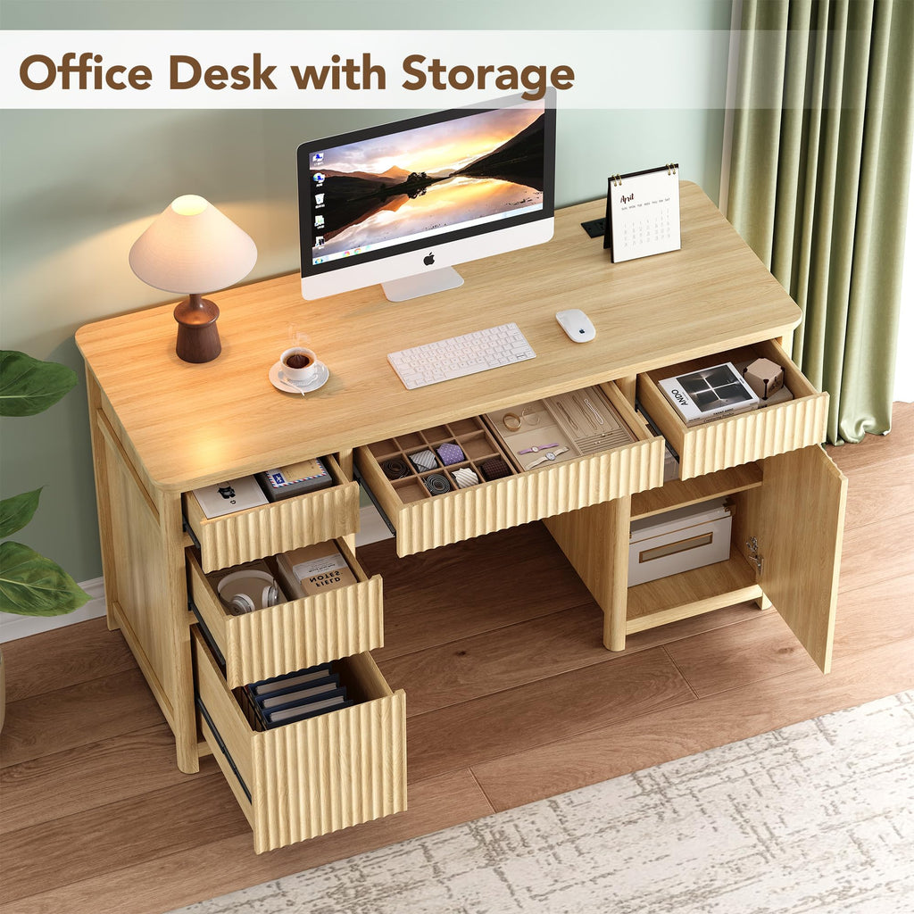 55" Fluted Executive Desk with Drawers & Charging Station, Large Wood Computer Desk with File Drawer and Storage
