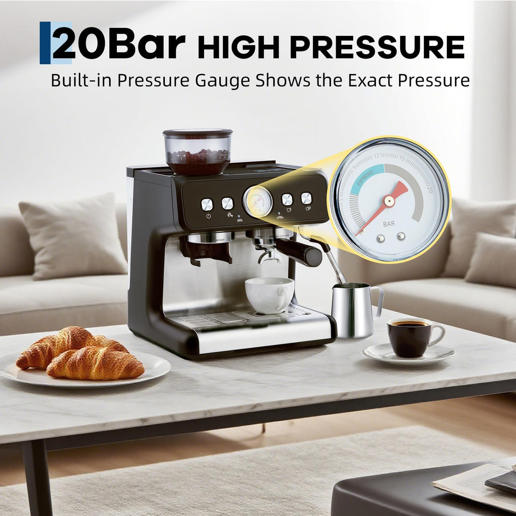 20 Bar Espresso Machine with Grinder & Steam Wand, Stainless Coffee Maker