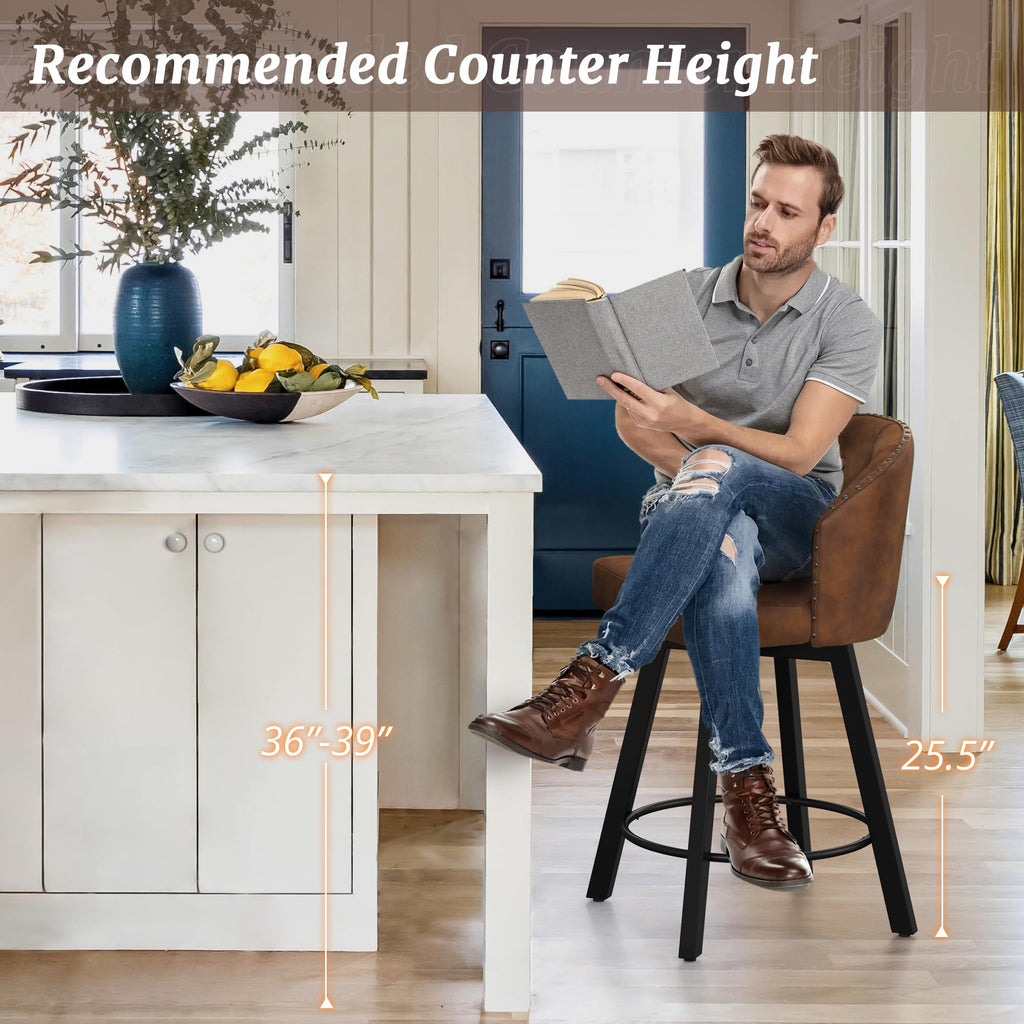 Counter Height Bar Stools, 26" Swivel Faux Leather Upholstered Bar Stool with Backs and Metal Legs, Retro Counter