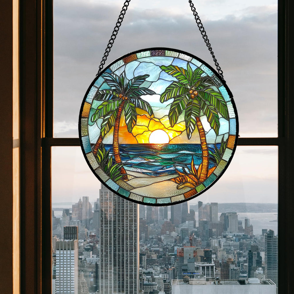 Palm Beach Sunset Stained Glass Window Hanging Suncatcher Gift for Mom 9.8"