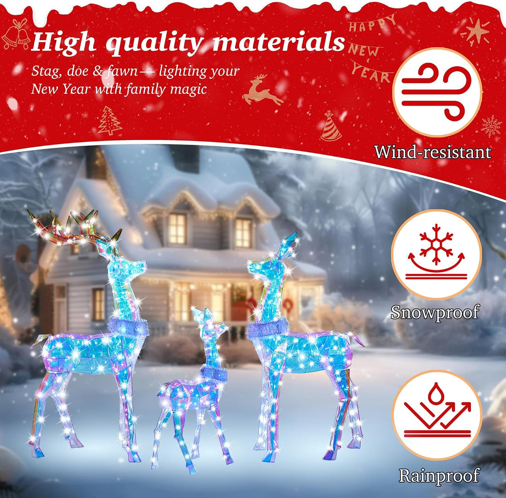 54 Inch 3D Colorful Large Lighted Christmas Deer Decorations 3-Piece Outdoor Holiday Decorations Reindeer Set