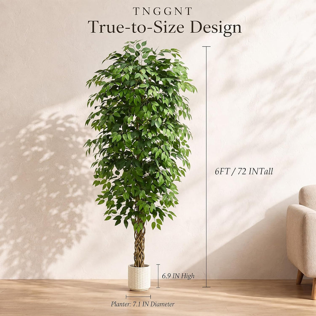 Ficus Tree:6FT Tall Faux Silk Floor Plant (White Planter)