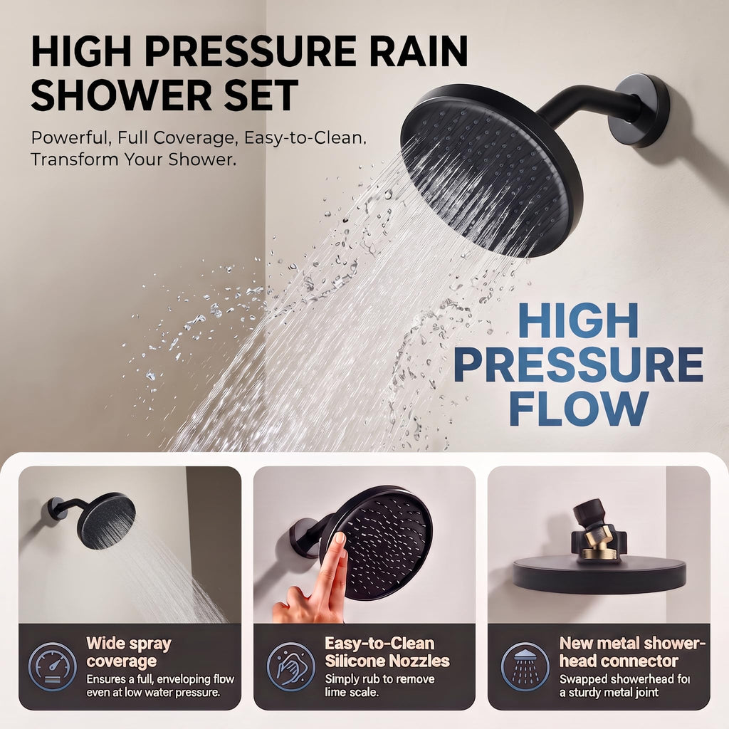 Black Tub Shower Faucet Set - 6 Inch Black Shower Head and Handle Set, High Pressure Bathtub Shower Faucet Set