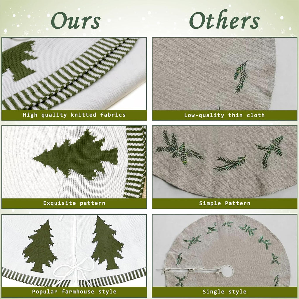 72 Inch Christmas Tree Skirt, Double-Sided Green and White Knit Tree Skirt with Xmas Tree Patterns Large Tree Skirt