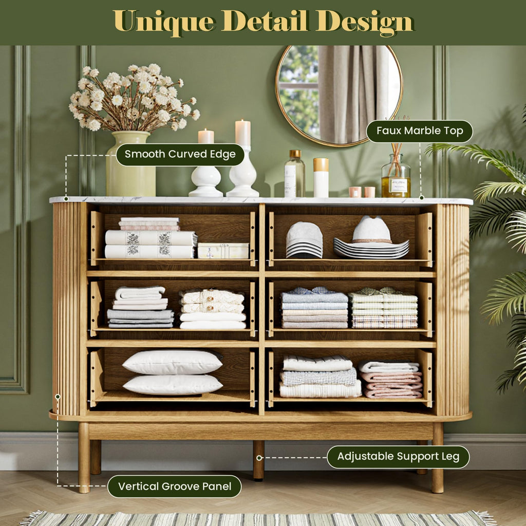 47" Fluted Dresser with 6 Drawer, Modern Chest of Drawers, Faux Marble Top & Curved Profile Design, Wood Drawer Storage