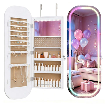 LED Mirror Jewelry Cabinet, Jewelry Organizer, Wall or Door Mounted, White