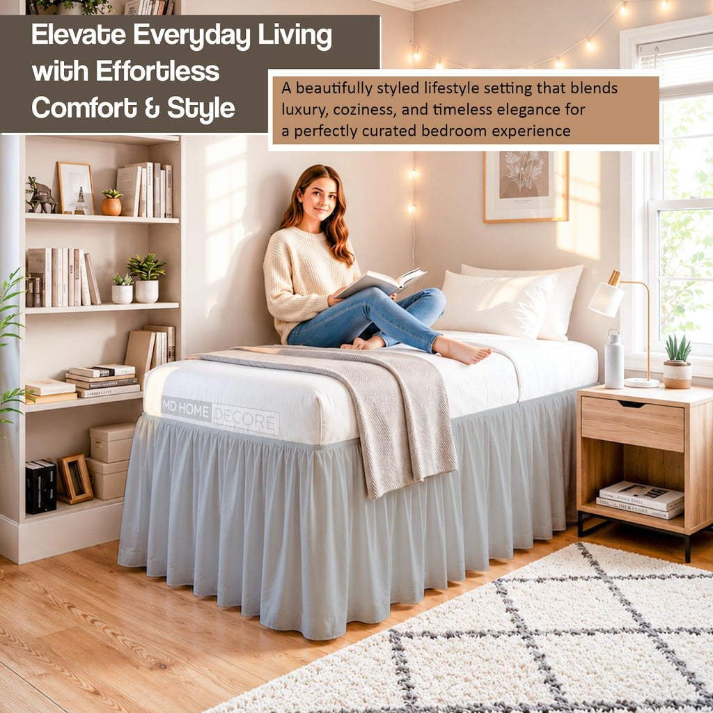 Ruffled Twin XL Dorm Bed Skirt, 100% Microfiber, Light Grey, Extra Long 42-Inch Drop, Tailored for College Dorm Beds