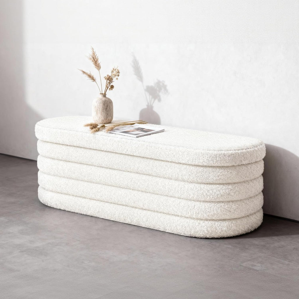 Storage Ottoman Bench, 43" Entryway Shoe Seat, Sherpa White | Upholstered Oval Ottoman with Storage, End of Bed Stool
