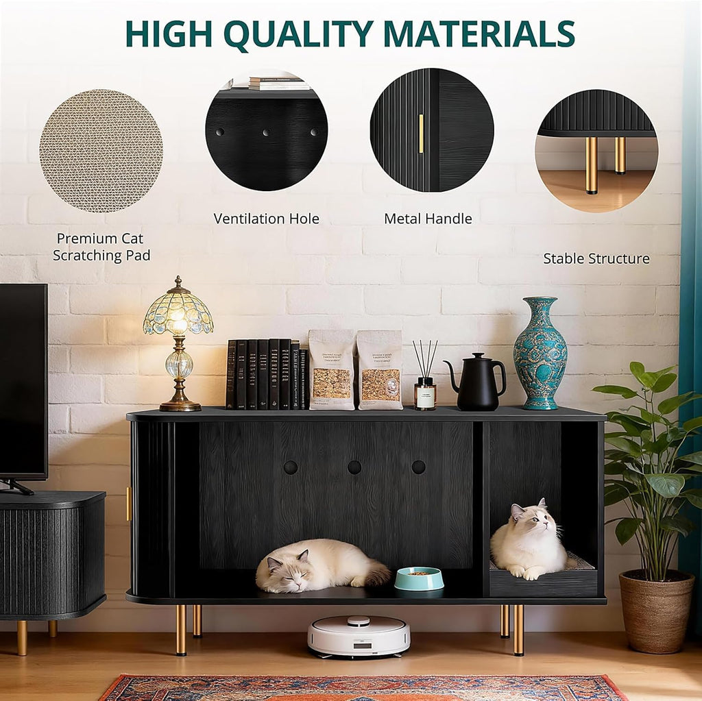 Cat Litter Box Enclosure with Scratch Pad, Sliding Door, 38.5" Cat Litter Furniture Hidden Litter Box Cabinet, Modern