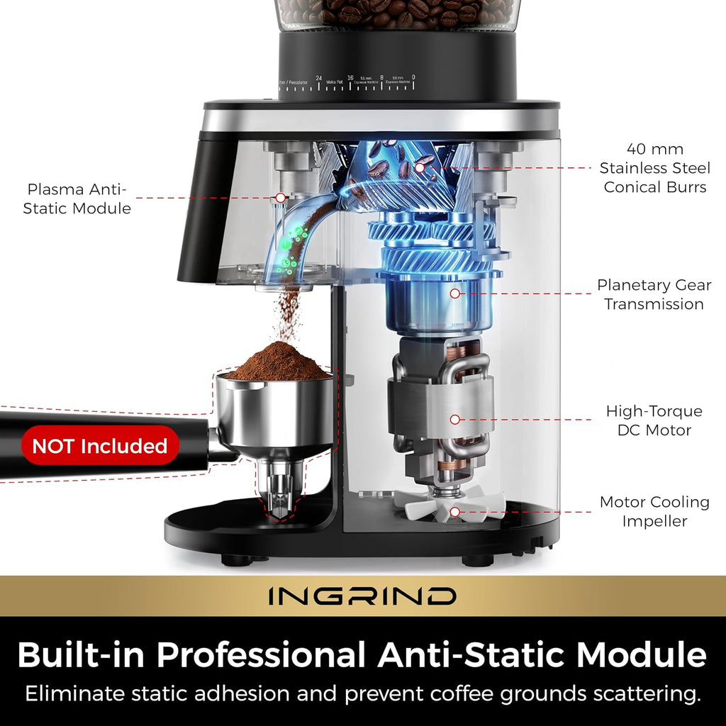 InGrind Conical Burr Electric Coffee Grinder with 60 Grind Settings | Professional Anti-Static Module, 3 Smart Grind