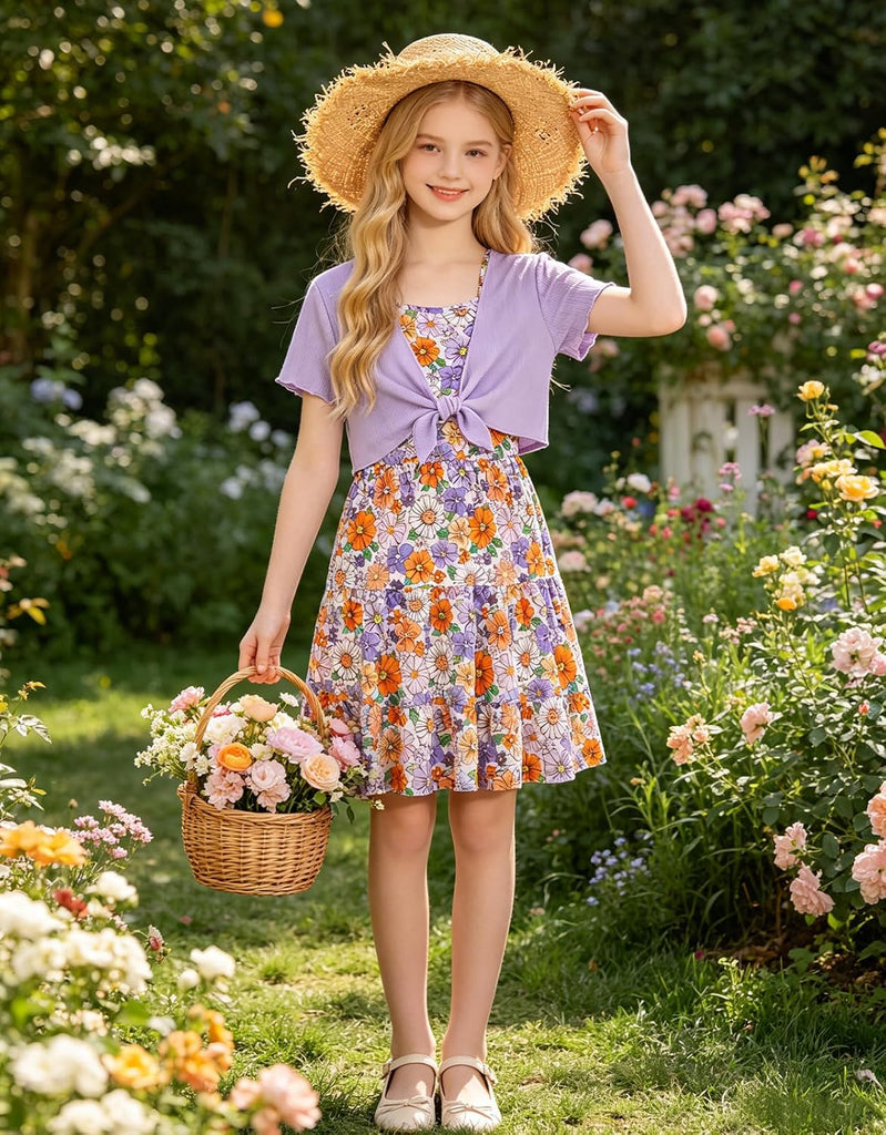 Girl Summer Dresses with Short Knot-Front Cardigan