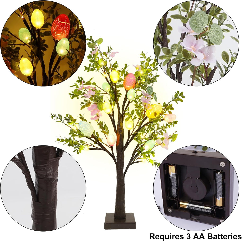 Easter Decor Lighted 24 Inch Artificial Tree with Easter Eggs & Colorful LED Lights, Light Up Tabletop - Set of 2