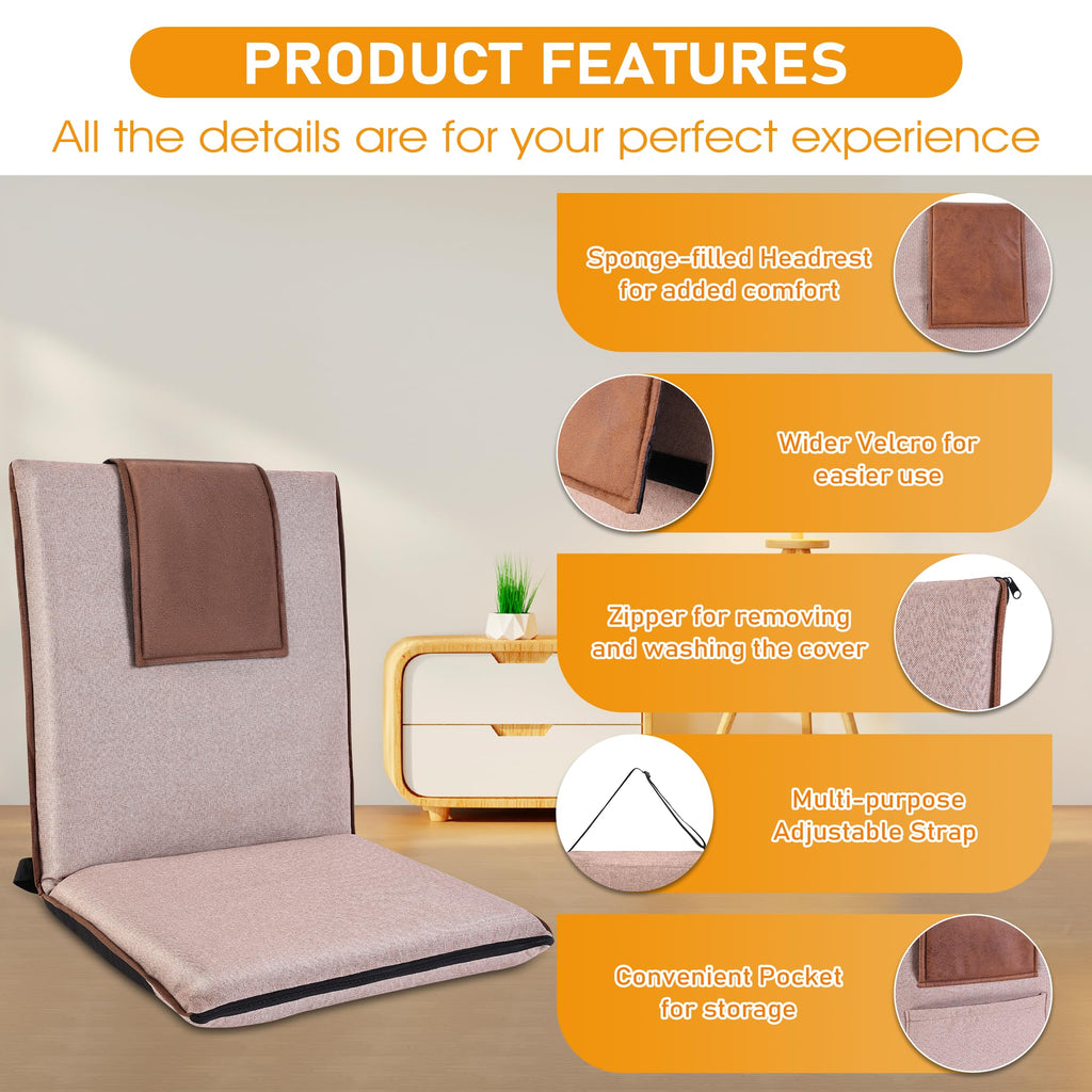 Floor Chair with Back Support Foldable Meditation Seat, Coffee