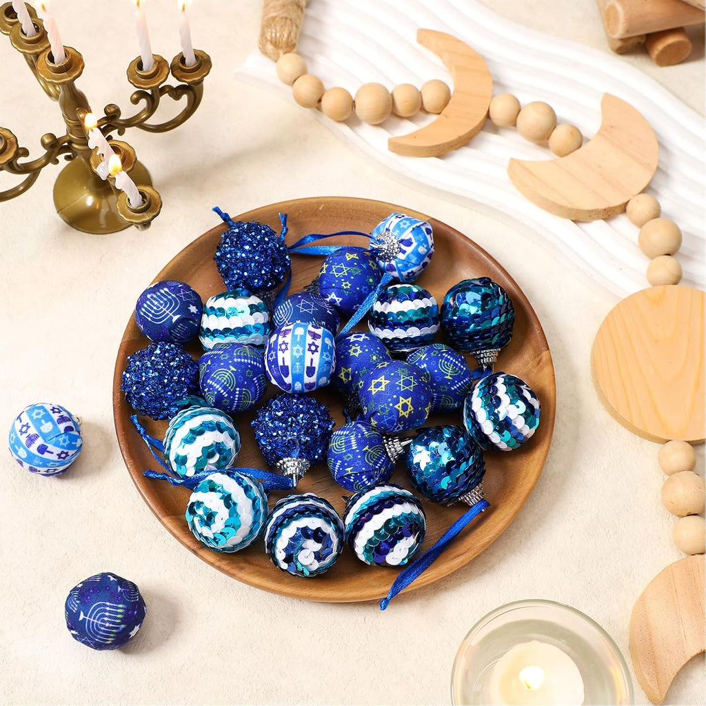 Hanukkah Ball Ornaments Blue White for Tree Party Decor - Set of 24