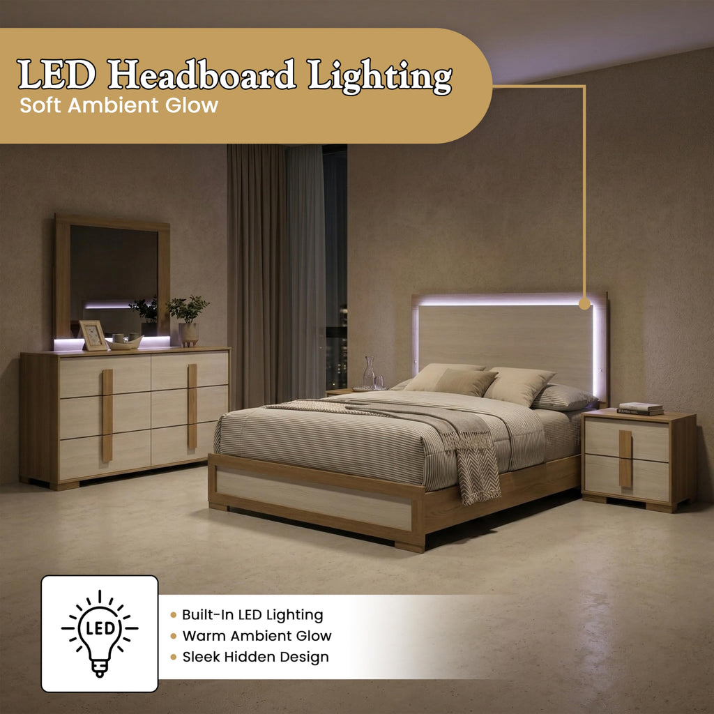 6-Piece Natural/White Bedroom Set - Bed with LED Lights, Dresser, Mirror, Chest and 2 Nightstands (Queen)