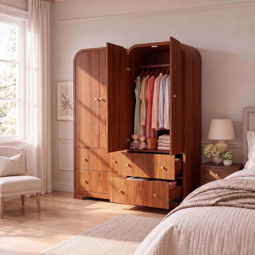 Arched Armoire Wardrobe Closet, 70" Wooden Wardrobe Cabinet with 2 Drawers, Hanging Rod, 2 Doors Clothing Storage