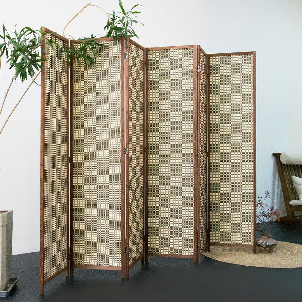 6 Panel Bamboo Room Divider - 5.6 ft Tall Double-Sided Folding Privacy Screen, Freestanding Wall Partition, Gray