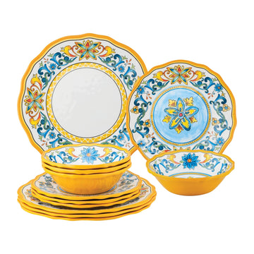 12 Piece Chianti Melamine Dinnerware Sets, Outdoor Dishes Set, Plates and Bowls Sets, Service for 4, Multicolor
