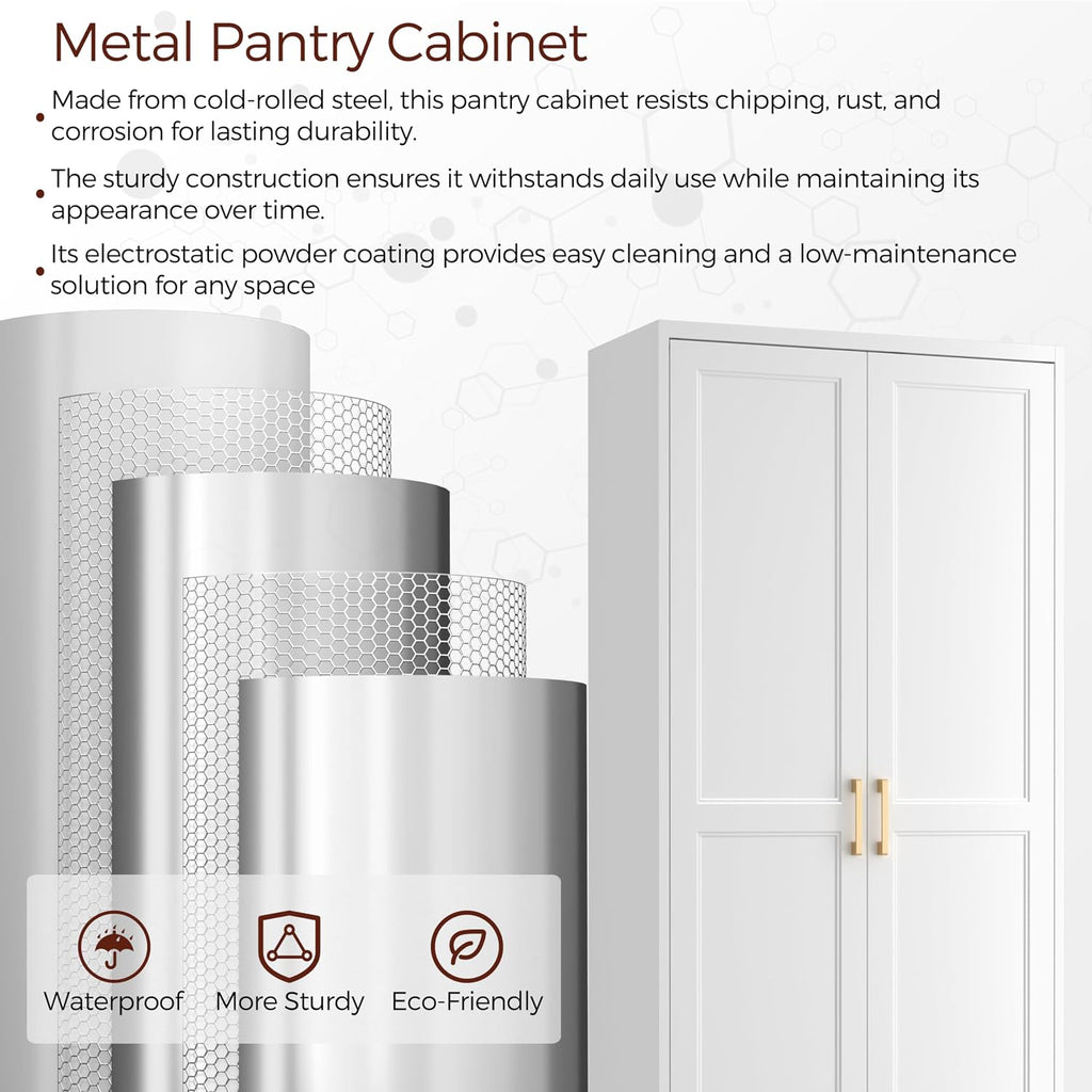 71" Tall Metal Kitchen Pantry Cabinet, Storage Cabinet with Doors | Kitchen Cabinet with 4 Adjustable Shelves, Food