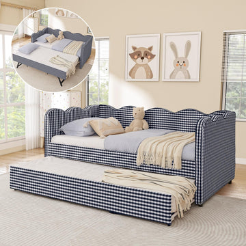 Twin Size Daybed with Pop Up Trundle, Linen Gingham Twin to King Daybed with USB Ports, Upholstered Day Bed Frame