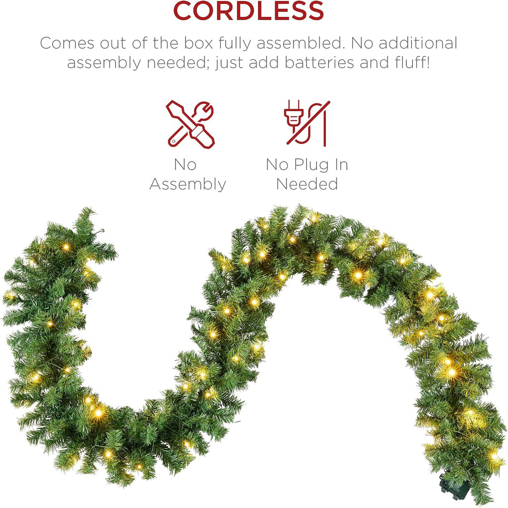 9ft Pre-Lit Battery Powered Christmas Garland for Stairs, Traditional Fireplace Holiday Decoration w/ 50 2-in-1 LED