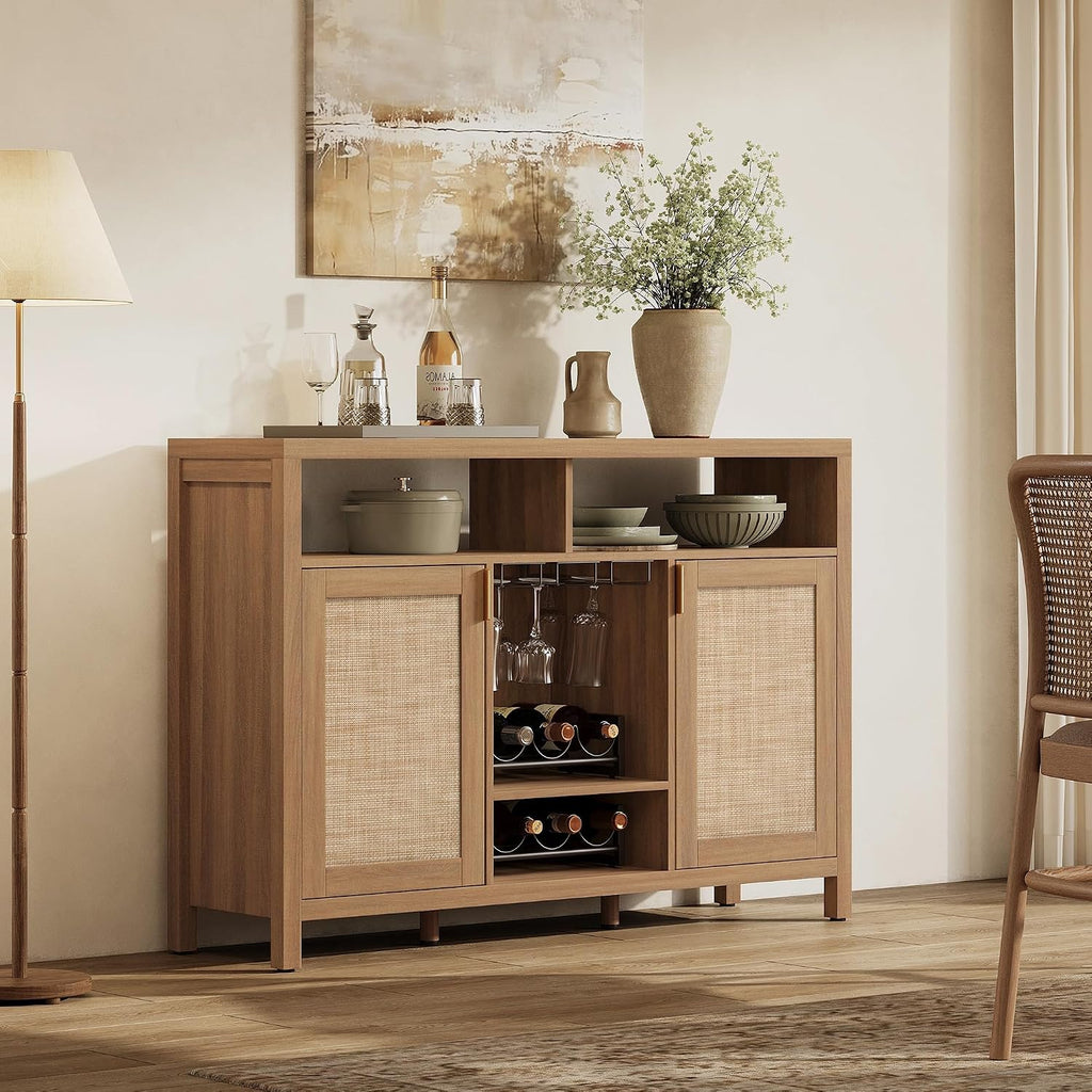 51" Coffee Bar Cabinet with Storage, Rattan Bar Cart Liquor Cabinet | Large Home Bar Table Wine Cabinet with Wine