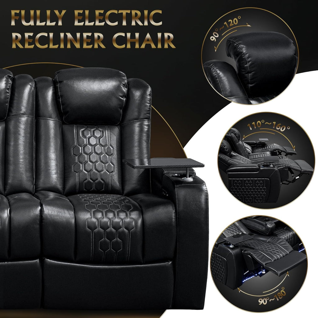 Home Theater Seating, Living Room, Powered Headrest, Powered Lumbar, Italian Leather, Powered Recline (Black