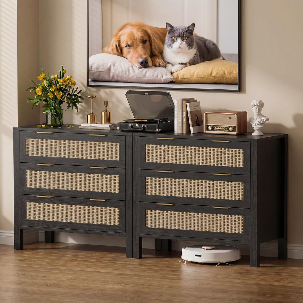 3 Drawer Dressers, Rattan Dresser with Drawers, Modern Wood Dresser with Metal Handles, Chest of Drawers (Black-3
