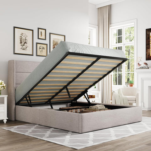Full Lift Up Storage Bed, Modern Wingback Headboard, Hydraulic Support, No Box Spring Needed, Light Beige