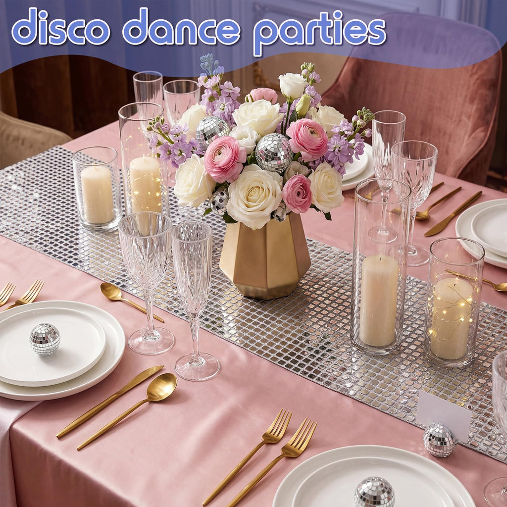 Disco Ball Fabric 35 x 71 Inch Silver Sequin Table Runner, Wide Sparkle Decorative Fabric for Disco Party