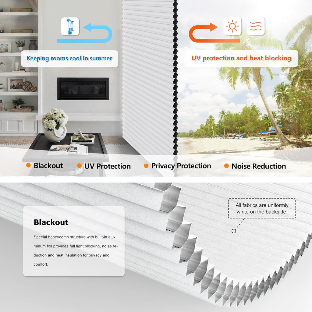 No Drill Cordless Cellular Shades, White | Top Down Bottom Up (TDBU) Honeycomb Shades, Blackout Light Blocking