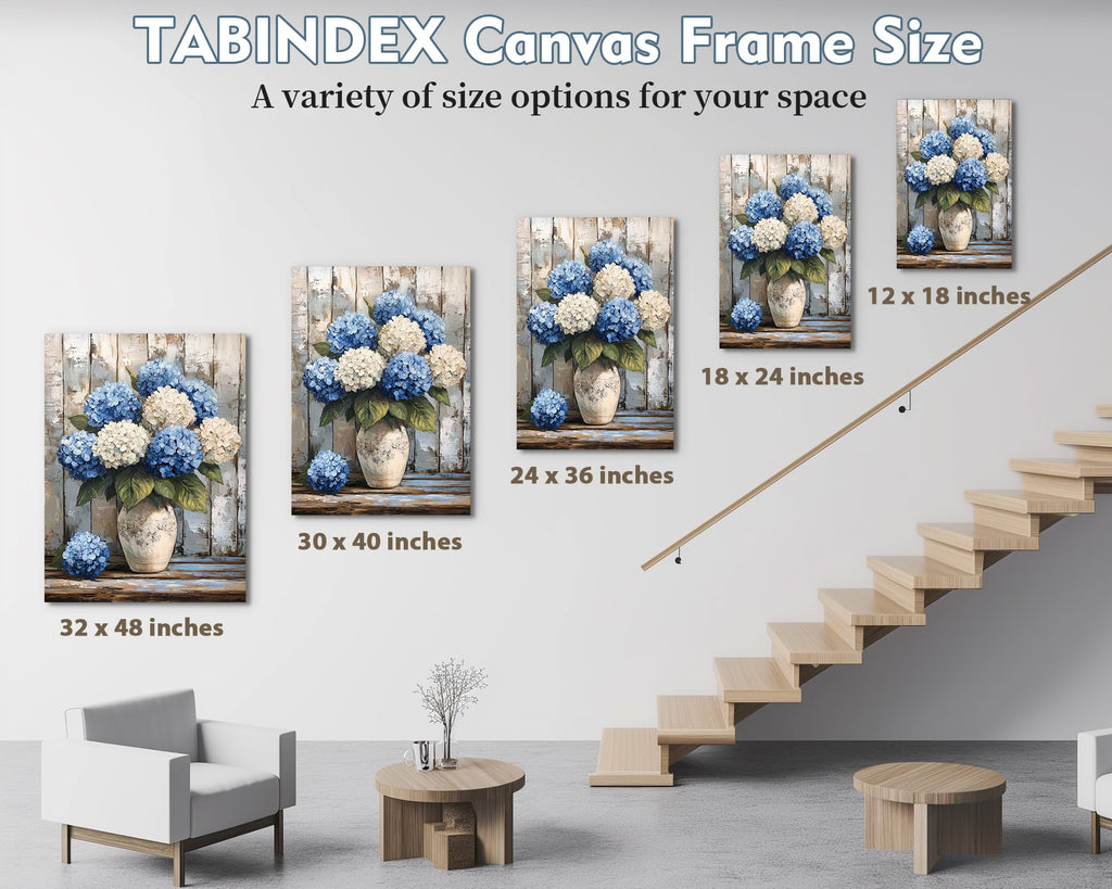 Blue Hydrangea Wall Art, Vintage Hydrangea Canvas Prints Pictures Wall Decor, Farmhouse Floral Wall Art, Blue White