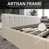 Queen Platform Bed Frame, Chenille Upholstered Sleigh Bed with Scroll Wingback Headboard & Footboard/Button Tufted/No