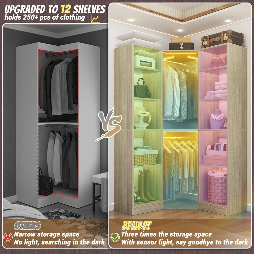 Corner Closet System with 2 Motion Sensor Lights, 39.2" Corner Closet Organizer with 12 Shelves, Closet System with 2