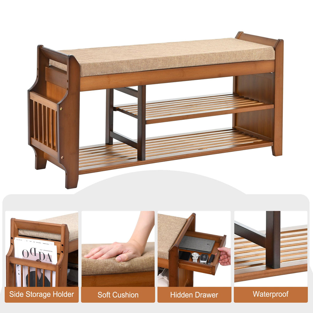 Shoe Bench with Hidden Drawer and Side Holder, 2 Tier Entryway Bench with Storage 39.4 in, Bamboo Shoe Rack with