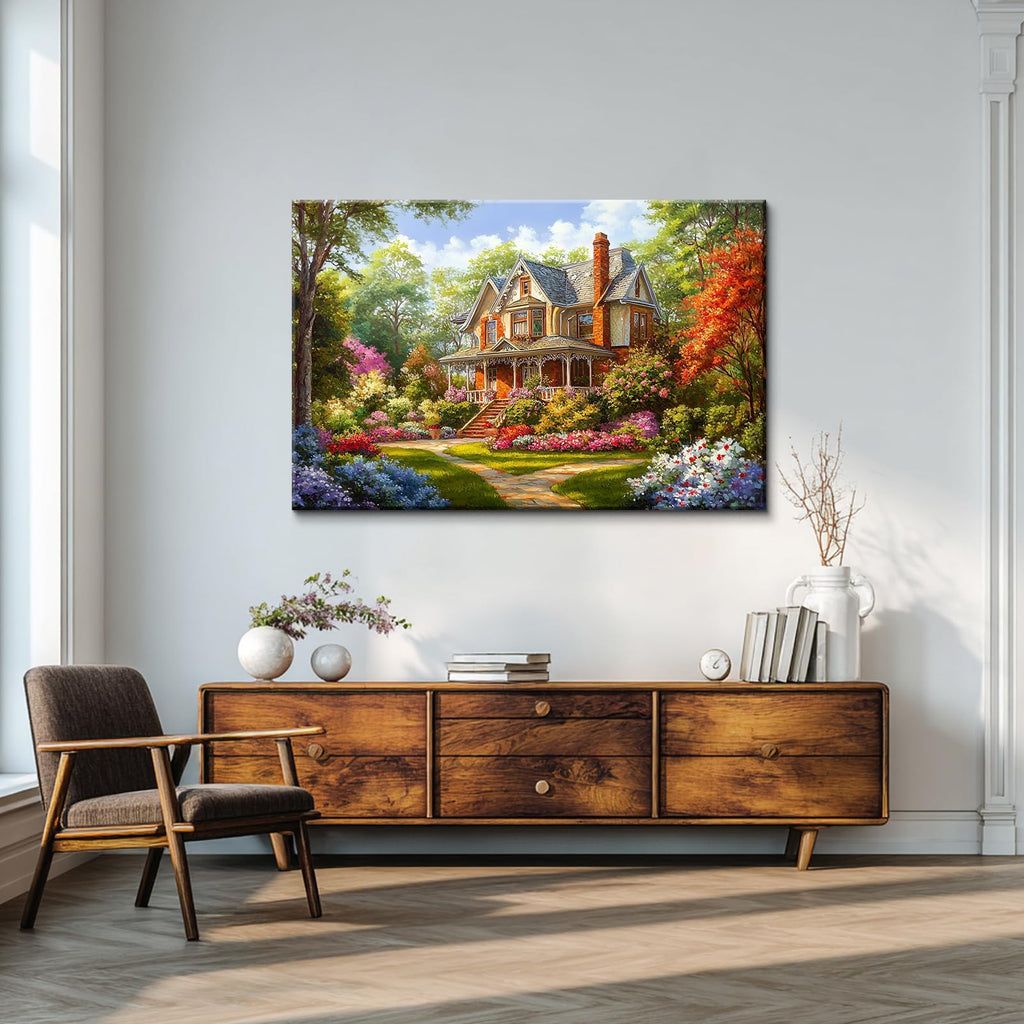 Charming Victorian Style Garden Canvas Wall Art, Rustic Garden Landscape Painting Wall Decor, 40x28 Inch