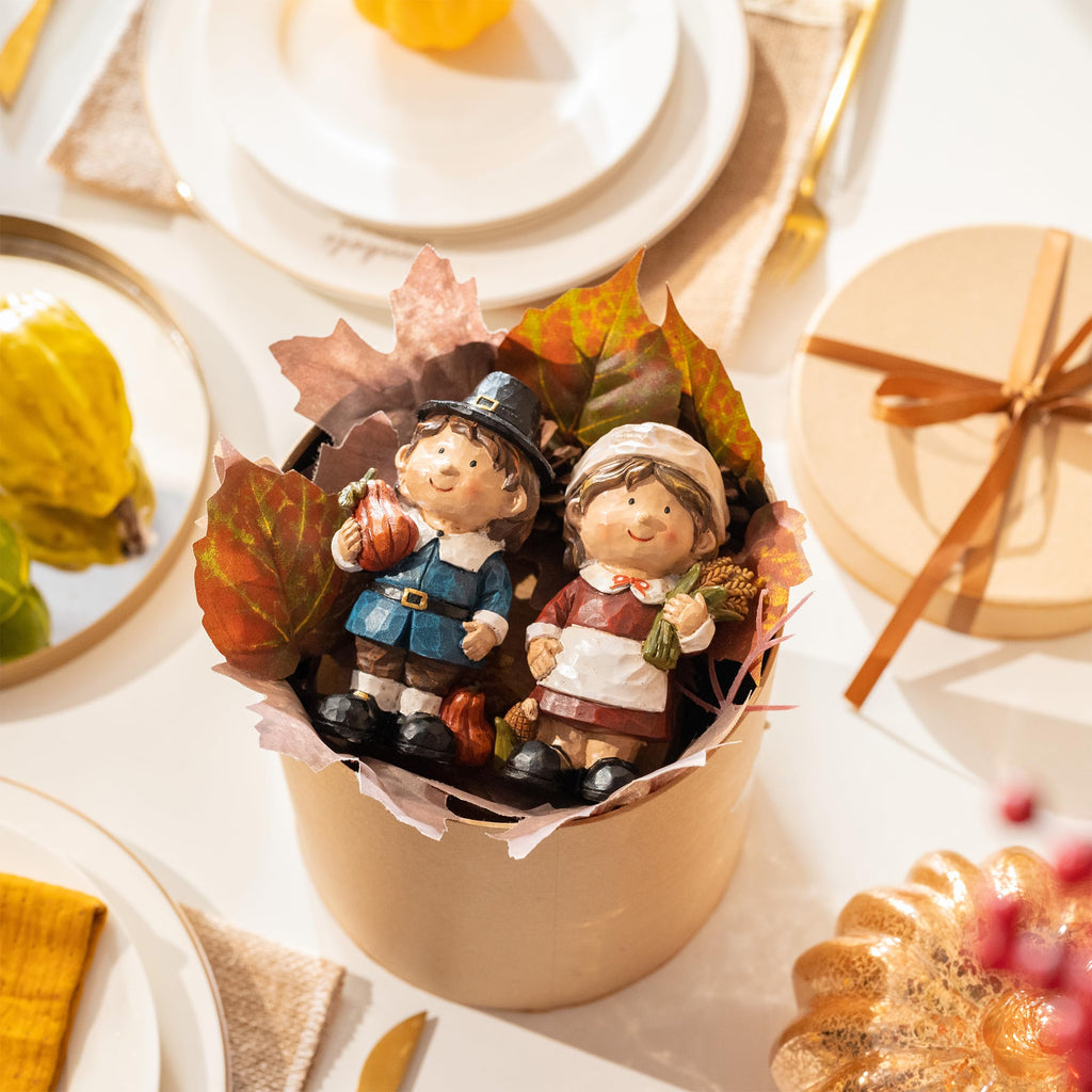 Fall Decorations, 2 Pcs Fall Decor for Table Indoor Outdoor, Resin Thanksgiving Decorations Garden Pumpkins Pilgrim