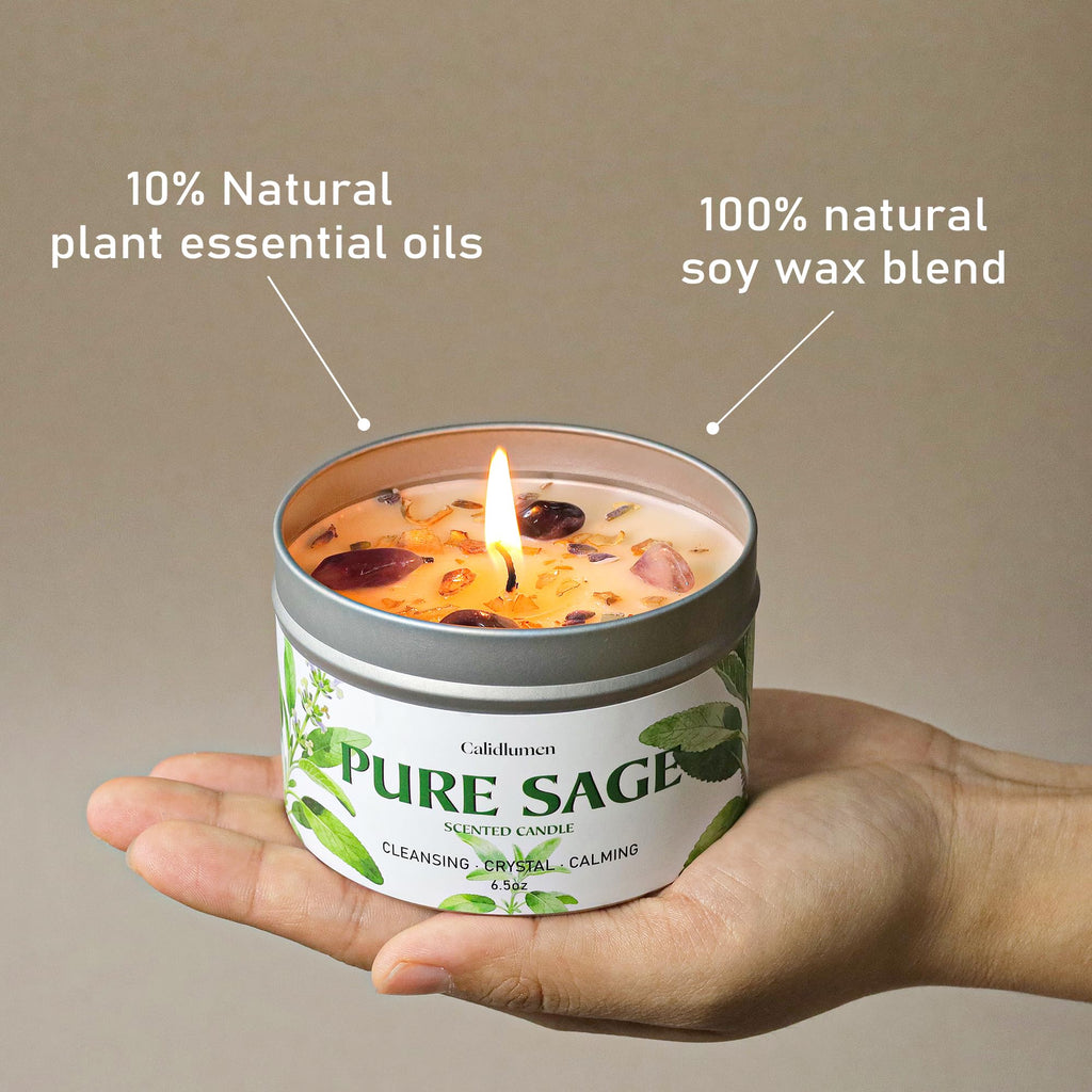 Pure Sage Candle for Cleansing - 2Pc Soy Scented Candle with Crystals & Sage Leaves Inside, House Negative Energy