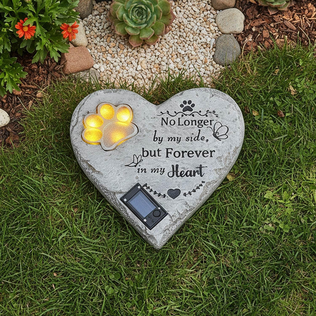 Pet Memorial Stone Solar Lighted Glowing Paw Print Heart Statue 10"