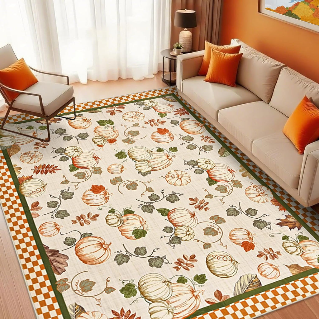 Fall Area Rugs Thanksgiving Washable Rug Non Slip, Pumpk Rug Low Pile Floor Carpet with Checkered Edge