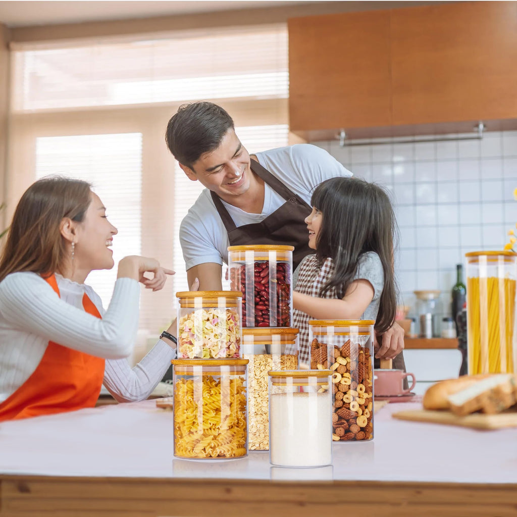 Glass Food Storage Jars, 7 Pack Kitchen Containers with Airtight Bamboo Wooden Lids for Pasta, Cookies, Nuts, Coffee