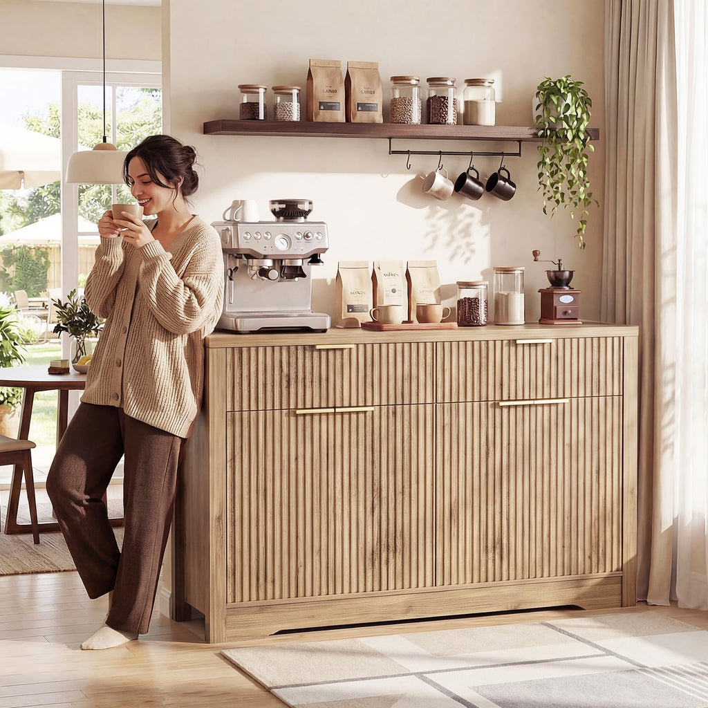55" Fluted Sideboard Buffet Cabinet with Drawers, Natural Oak