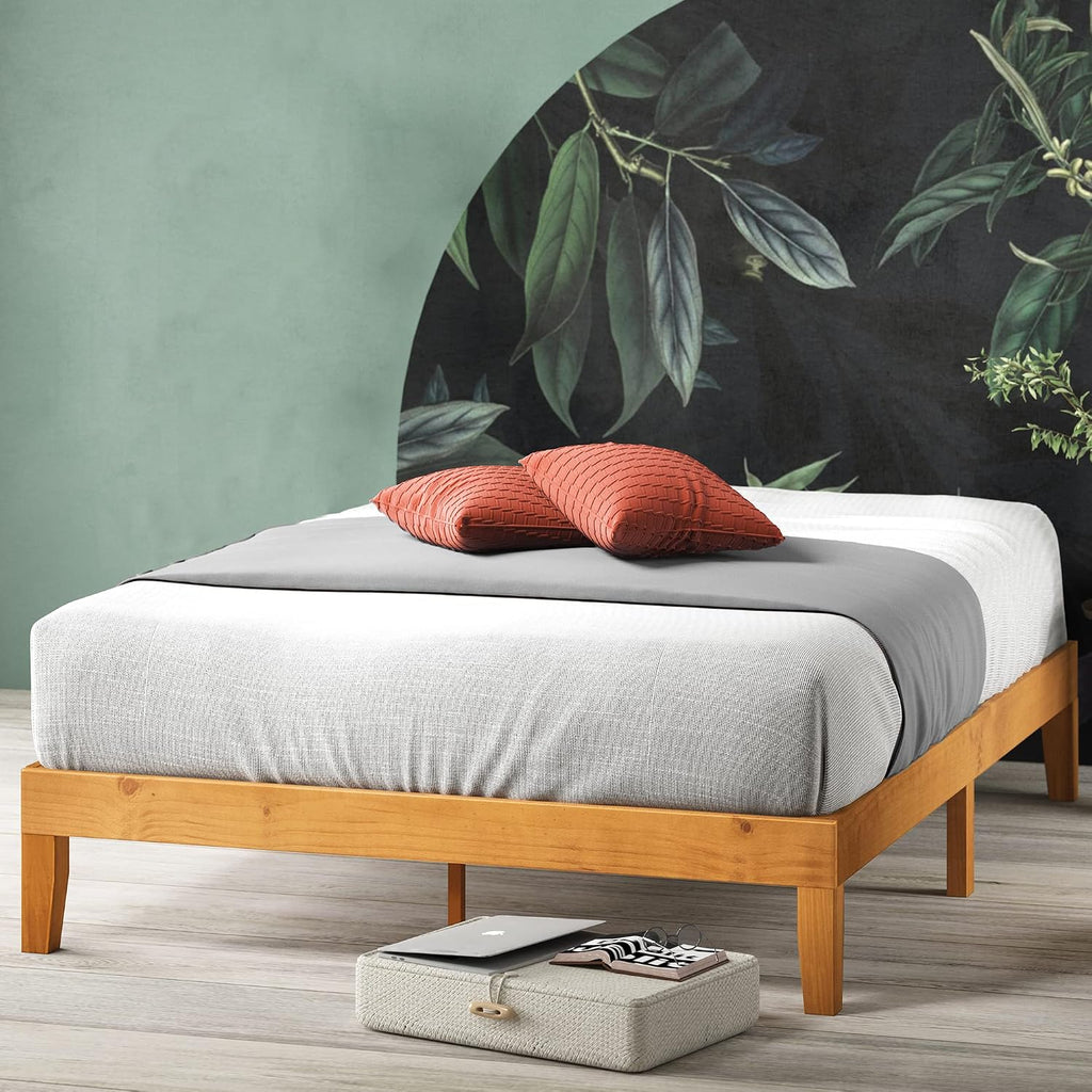 12 Inch Solid Wood Platform Bed / No Boxspring needed / Wood Slat Support / Rustic Pine Finish, Queen (OLB-PWPBO-12Q)