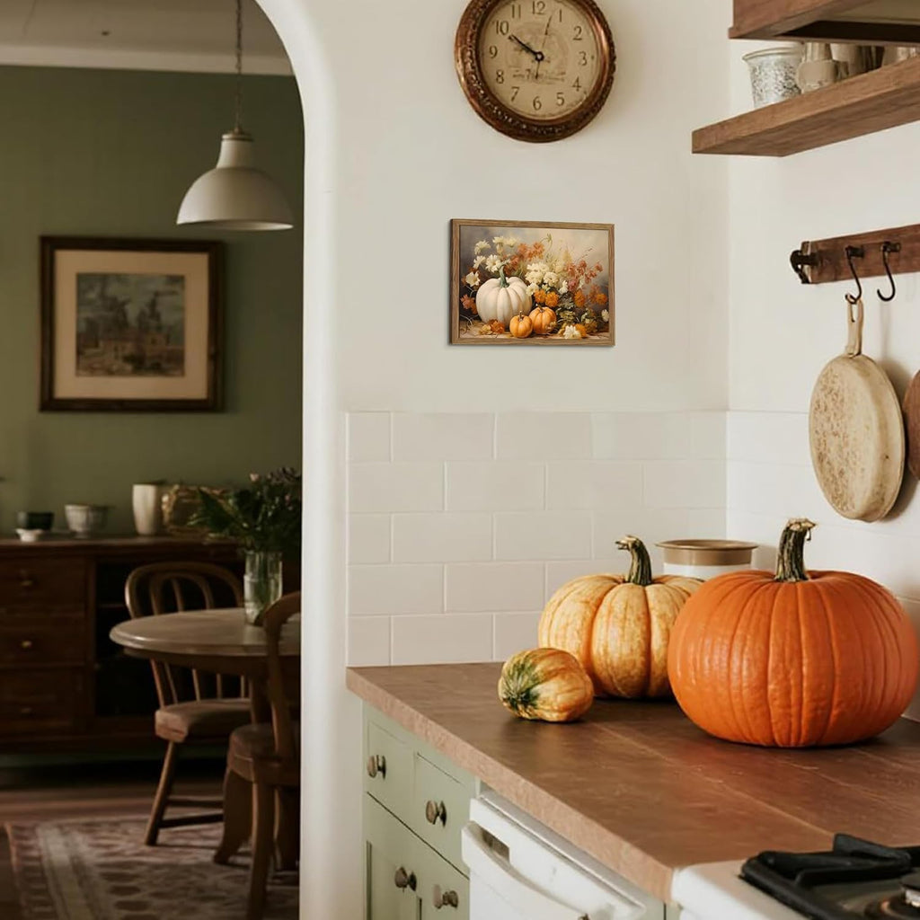 Framed Fall Pumpkin Wall Art - White Pumpkin and Autumn Floral Canvas Print, Rustic Farmhouse Harvest Halloween