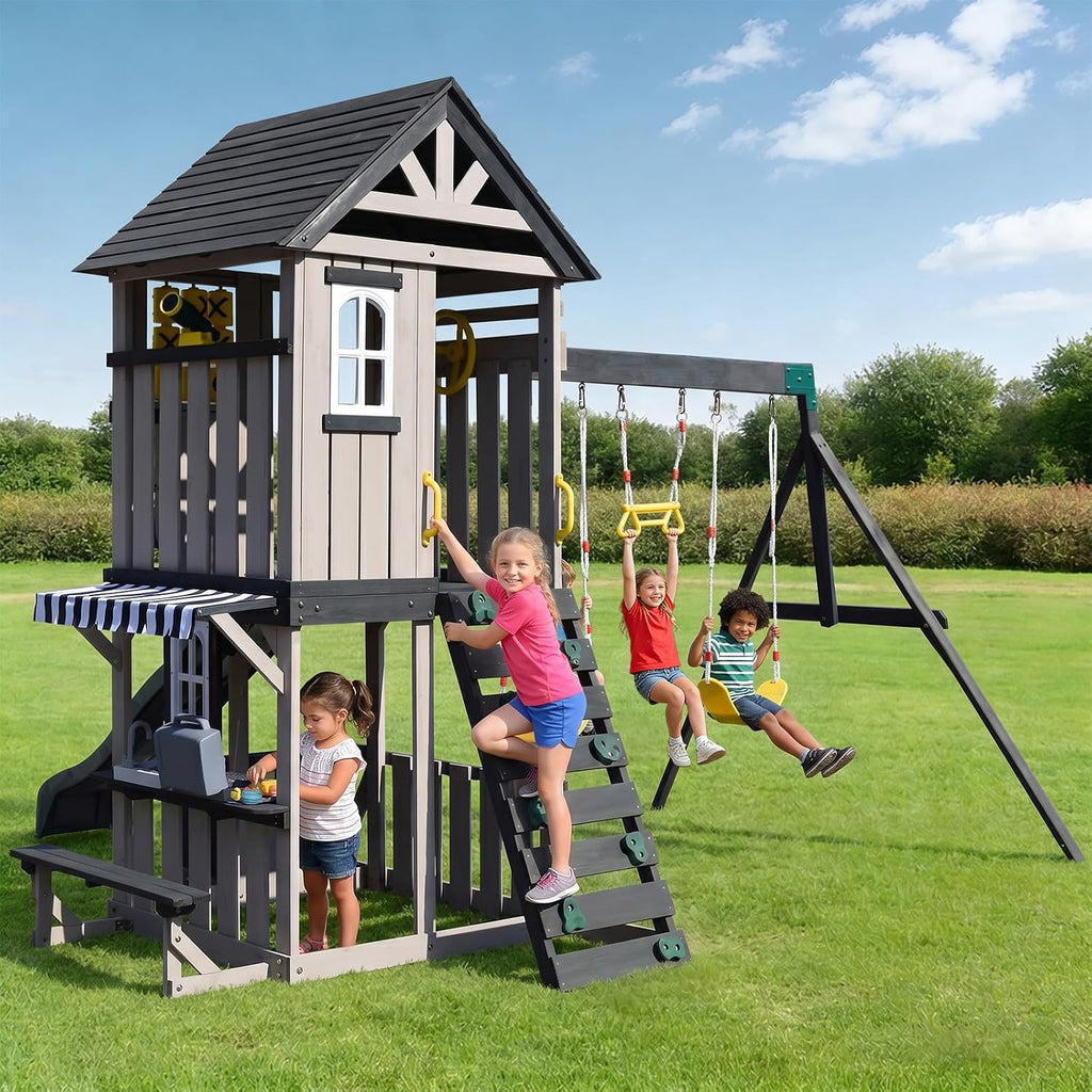 Cedar Wood Swing Set with Slide,Rock Wall,Belt Swings,Tic-Tac-Toe, Play Kitchen for Kids Backyard Outdoor